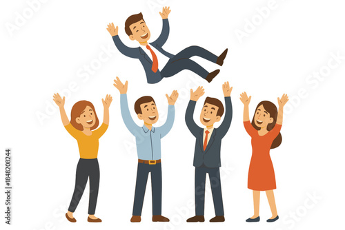 Team throwing colleague in the air in celebration