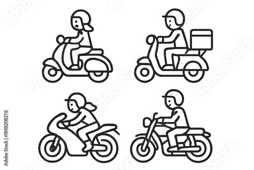 Four Icons of People Riding Motorcycles and Scooters