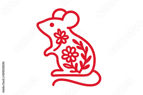 Stylized Red Mouse Silhouette with Floral Pattern