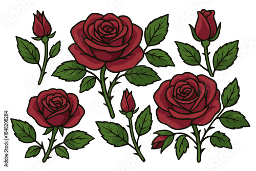 Red Roses and Buds with Green Leaves on Gradient Background