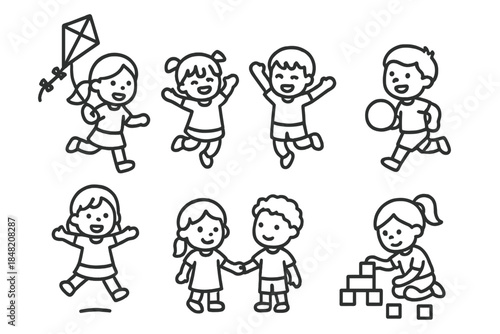 Diverse kids playing and having fun outlines on dark background