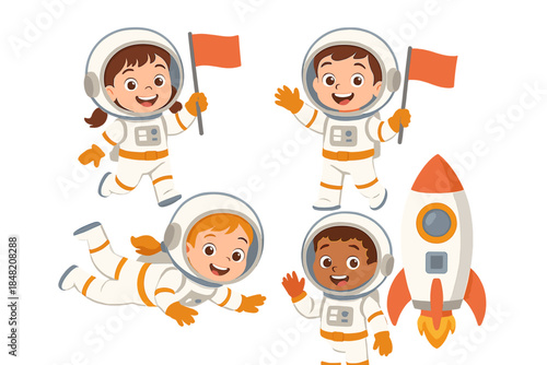 Children in Space Suits with Rocket and Flags