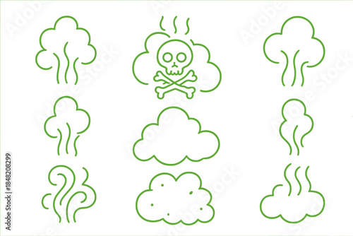 Green smoke and hazard symbols on a gradient background