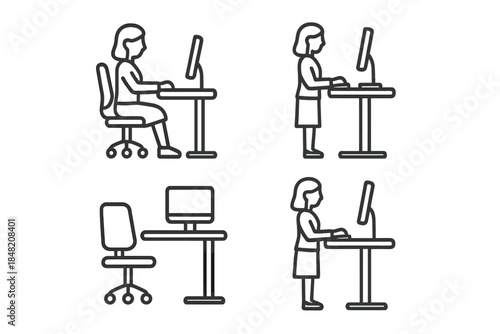 Four Line Icons of People Working at Computers