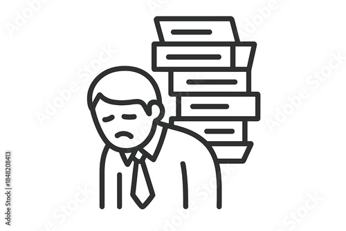 Overwhelmed businessman with a stack of files icon