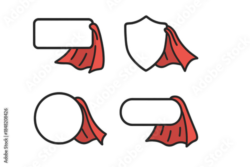 Four abstract icons with red capes on a dark gradient background