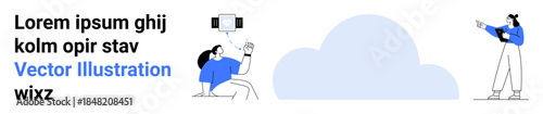 Two individuals explore technology, one sitting with a selfie stick, another pointing at a cloud. Ideal for cloud storage, collaboration, communication, technology, creativity, innovation simple