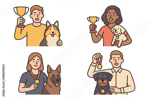 Happy dog owners with trophies and medals