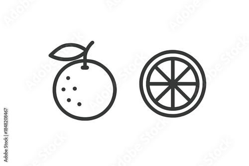 Orange fruit and slice icon on gray background