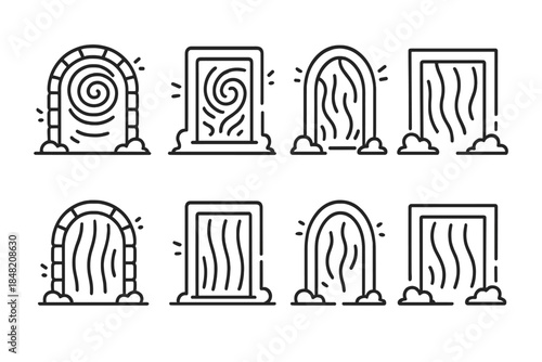 Set of fantasy portals and doorways with magical energy