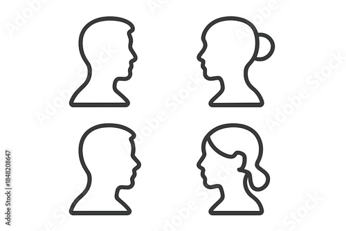Four stylized head profiles on a gradient background