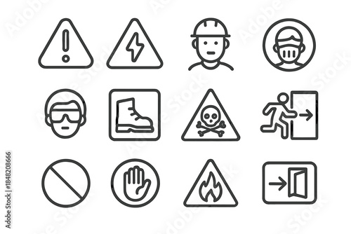 Set of 12 safety warning icons and signs on dark background