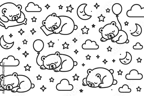 Cute Sleeping Bears with Moon and Stars Background