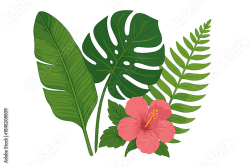 Tropical Hibiscus Flower with Lush Green Leaves