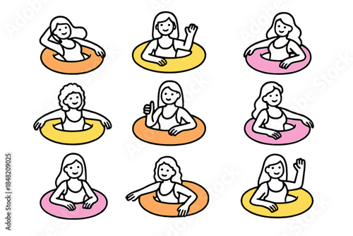 Nine cartoon people with inner tubes glowing