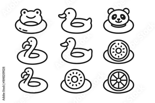 Set of nine outlined pool floats on a dark gray background