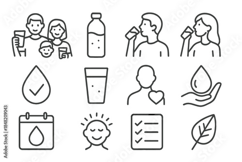 Collection of Icons Representing Hydration and Healthy Lifestyle