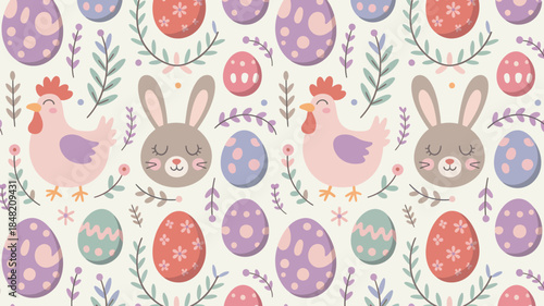 Pastel Easter pattern with cute bunnies and chickens among colorful eggs