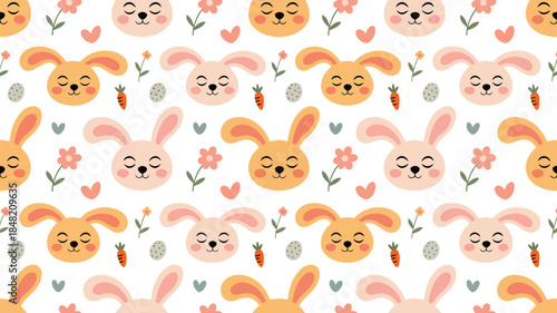 Adorable Easter bunny pattern with cute cartoon characters and spring flowers