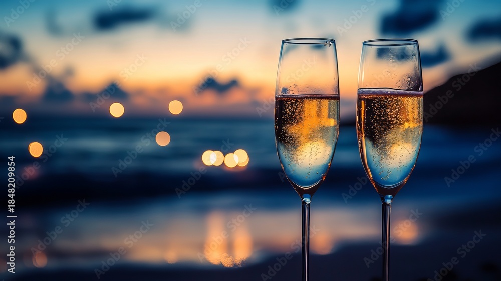 Obraz premium Two Sparkling Champagne Flutes at Sunset Over the Ocean with Bokeh Lights
