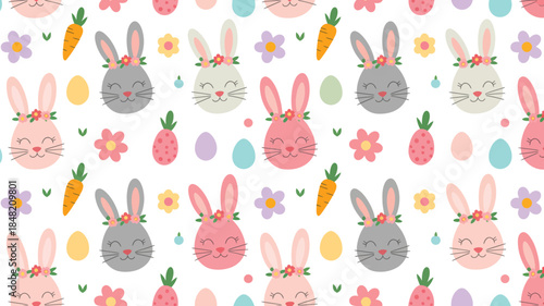 Pastel Easter pattern with cute bunnies and colorful eggs