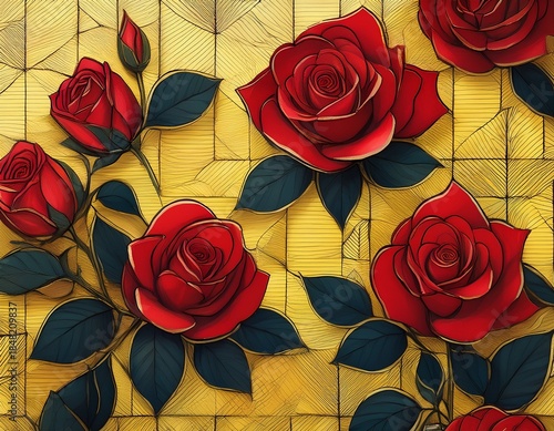 pattern of blooming red roses with dark leaves on a textured yellow geometric background
