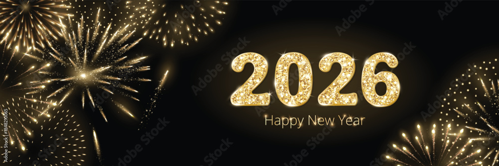Naklejka premium 2026 glitter gold digits on black background with fireworks display. New Year celebration backdrop with sparkling fireworks, luxury golden glow. Horizontal festive banner for social media. Vector.