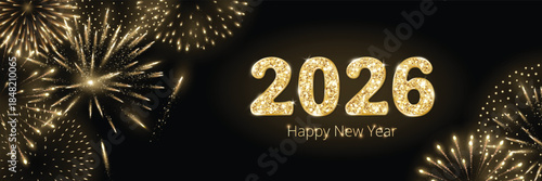 2026 glitter gold digits on black background with fireworks display. New Year celebration backdrop with sparkling fireworks, luxury golden glow. Horizontal festive banner for social media. Vector.