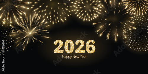 2026 gold glitter numbers with fireworks on black background. New Year celebration with golden fireworks glow. Festive holiday backdrop with decorative frame for banners, posters and headers. Vector.