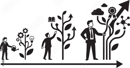 Business growth stages with men watering plants achieving success and innovation vector