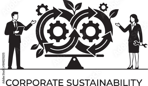 Business people and circular economy gears on scales with corporate sustainability text woman suit