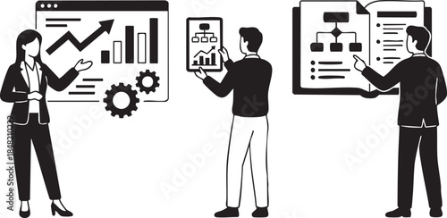 Business people presenting charts and organizational diagrams in a meeting presentation