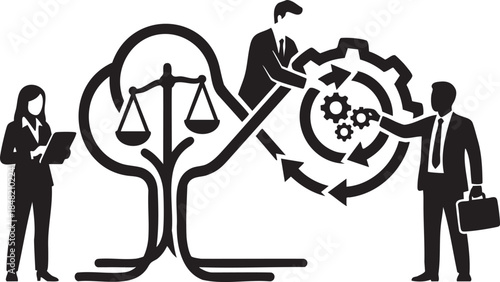 Business people interacting with scales of justice and gear mechanism symbols woman suit