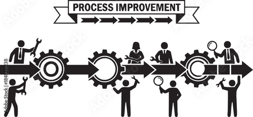 Business process improvement flowchart with people icons and gears vector