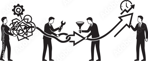 Business process optimization with men using tools and funnel leading to growth chart vector