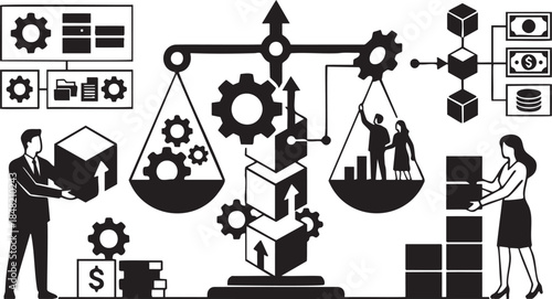 Business process management with gears and people balancing scales and stacking boxes vector