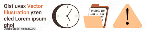 Time management, data processing, technical alerts, digital organization, cybersecurity, task prioritization. A clock, binary folder and caution icon. Time management and data processing