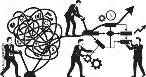 Businessmen interacting with complex tangled lines and flowchart for process improvement suit