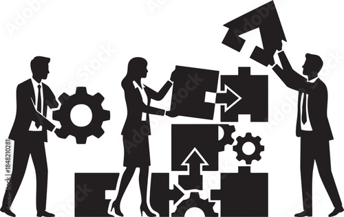 Silhouettes of business people assembling puzzle pieces and gears in a collaborative effort teamwork