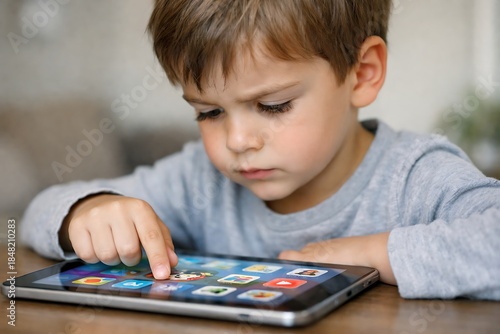 Little boy using tablet computer focused child screen time technology concept