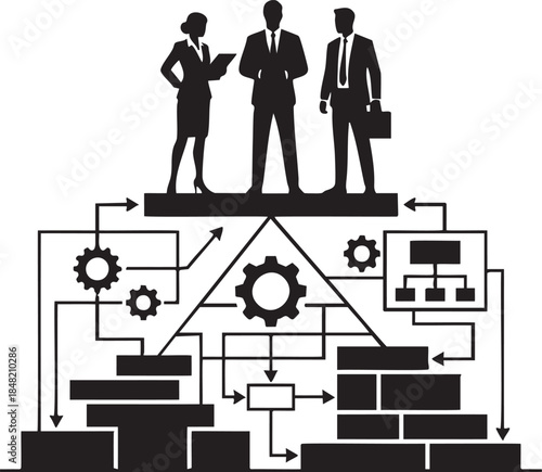 Silhouettes of business people standing above a flowchart with gears and arrows diagram