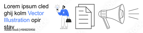 Marketing, content creation, innovation, business strategy, communication, teamwork. Person holding a light bulb, documents and megaphone. Marketing and content creation symbolism
