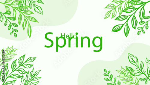 Hello Spring greeting card with green leaves frame