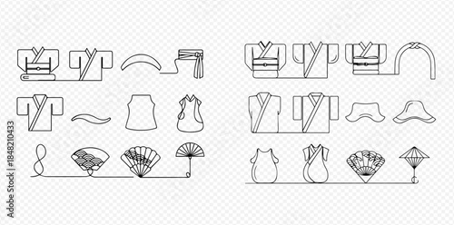 Traditional Asian Garments and Accessories Line Art Collection for Cultural Design.
