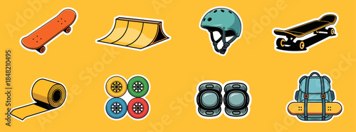 skateboarding sticker collection with board, ramp and safety gear