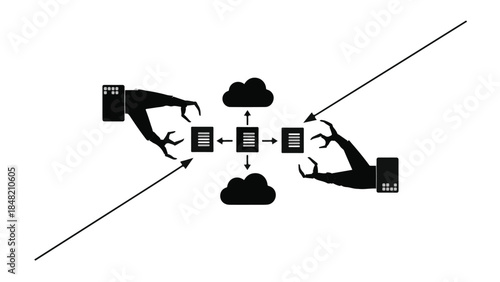 Cloud computing data transfer exchange concept with arms swapping information between servers and clouds in modern digital illustration