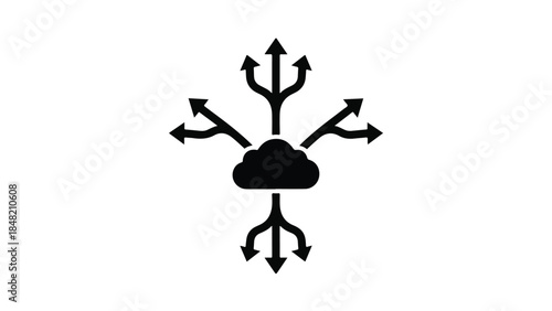 Cloud computing network infrastructure concept with arrows and cloud symbol on white background for technology and data exchange illustration