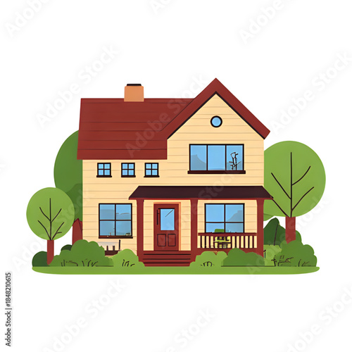 Charming suburban house with porch and surrounding green trees on a white background