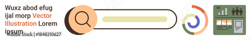 Web search, analytics, data visualization, graphic design, digital tools, business strategy. A search bar with magnifying glass, circular graph and dashboard. Web search and analytics concept