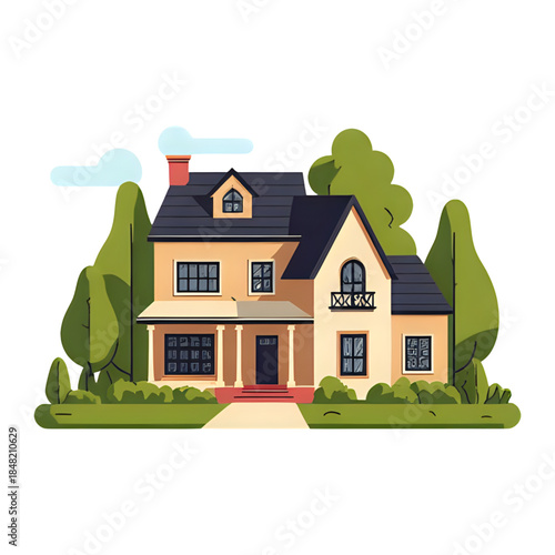 Charming traditional family house illustration with lush green trees and a clear sky, perfect for real estate, home ownership, and suburban living concepts